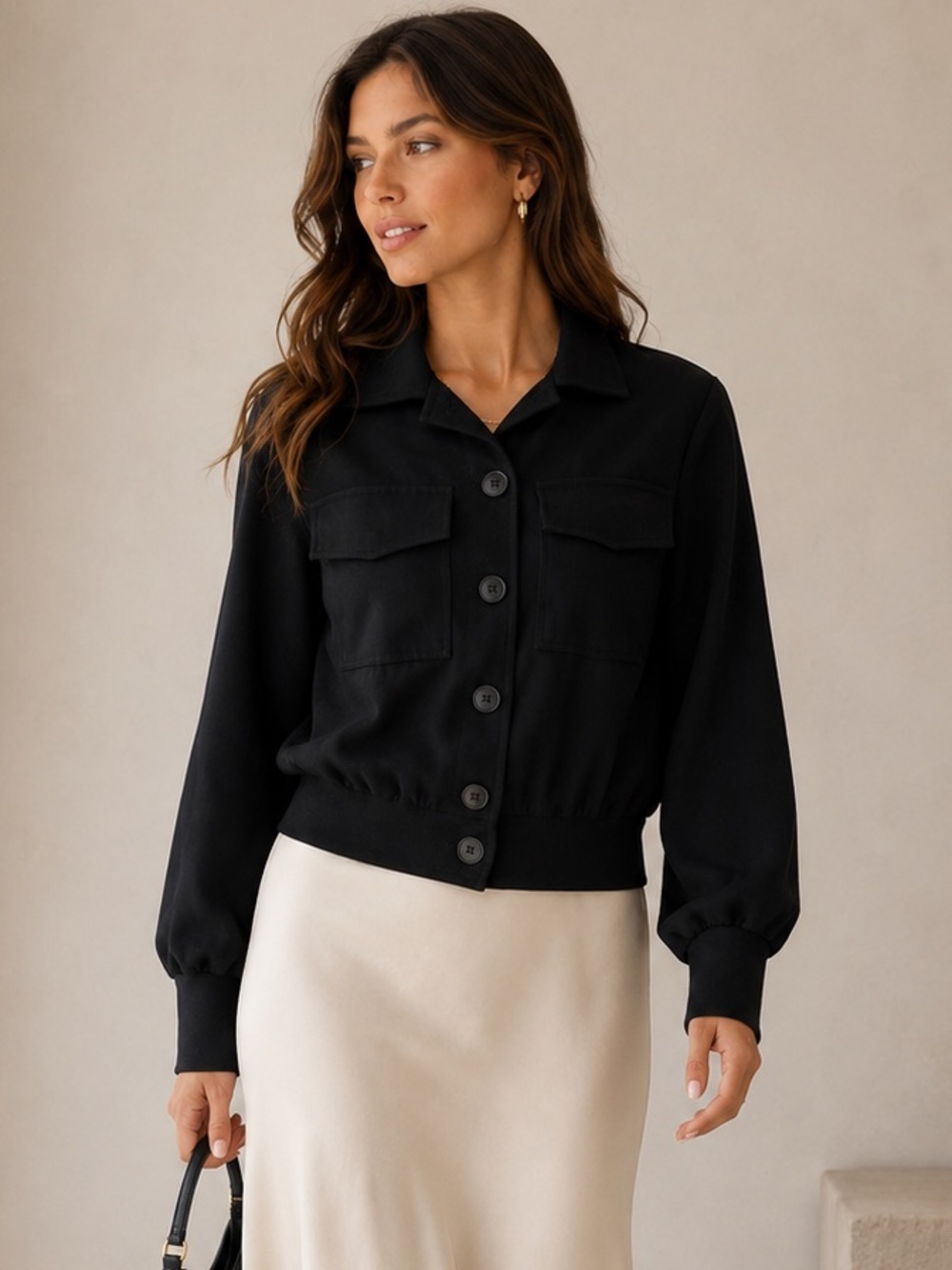 Massimo Dutti button up Women's black bomber Jacket with collar